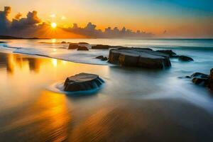 tramonto su il spiaggia, rocce, acqua, spiaggia, HD sfondo. ai-generato foto