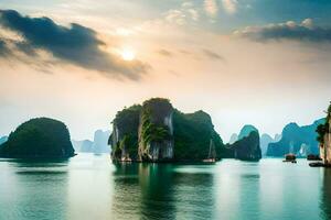 il sole imposta al di sopra di il acqua nel halong baia, Vietnam. ai-generato foto