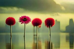 quattro rosso fiori siamo in piedi nel il acqua con un' città nel il sfondo. ai-generato foto