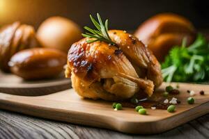 un' pollo su un' di legno taglio tavola con verdure. ai-generato foto