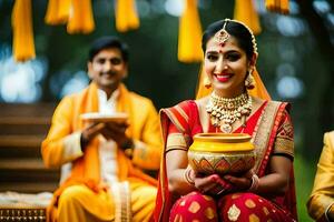 un' sposa nel tradizionale indiano abbigliamento Tenere un' pentola. ai-generato foto