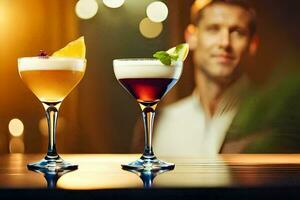 Due bicchieri di cocktail con un' uomo nel il sfondo. ai-generato foto