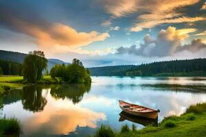 il barca su il lago sfondo. ai-generato foto