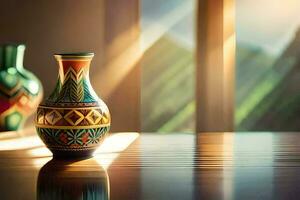 un' vaso seduta su un' tavolo con luce del sole splendente attraverso il finestra. ai-generato foto