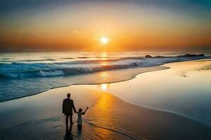 un' uomo e bambino a piedi su il spiaggia a tramonto. ai-generato foto
