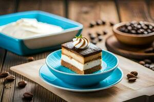 un' fetta di torta su un' blu piatto con caffè fagioli. ai-generato foto