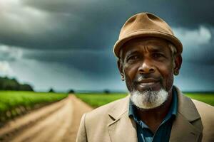 un africano uomo in piedi nel un' campo con un' tempestoso cielo. ai-generato foto