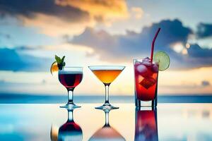 tre cocktail su un' tavolo con il oceano nel il sfondo. ai-generato foto