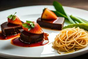 un' piatto con cioccolato, fragole e tagliatelle. ai-generato foto