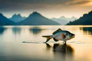 un' pesce è in piedi su il acqua nel davanti di montagne. ai-generato foto