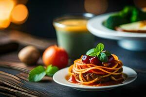 un' piatto di spaghetti con pomodoro salsa e verdure. ai-generato foto