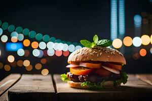 Hamburger su un' di legno tavolo con città luci nel il sfondo. ai-generato foto