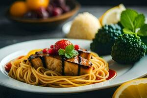 un' piatto di spaghetti con carne e verdure. ai-generato foto