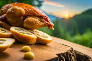 un' pollo su un' di legno tavola con mele e patate. ai-generato foto