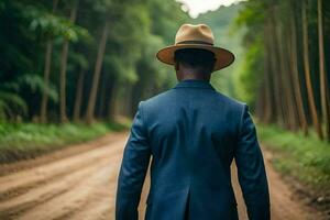 un' uomo nel un' completo da uomo e cappello a piedi giù un' sporco strada. ai-generato foto