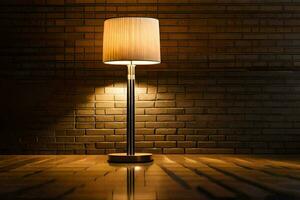 un' lampada su un' mattone parete nel il scuro. ai-generato foto
