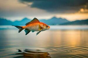 un' pesce è salto su di il acqua a tramonto. ai-generato foto