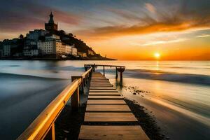 un' di legno passerella conduce per un' spiaggia a tramonto. ai-generato foto