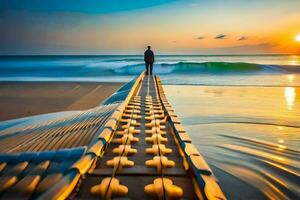 un' uomo sta su un' di legno ponte a tramonto. ai-generato foto