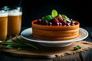 un' torta con frutti di bosco e un' bicchiere di latte. ai-generato foto