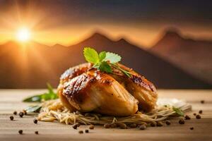 pollo su il tavolo con montagne nel il sfondo. ai-generato foto