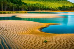 il sabbia dune e acqua nel un' lago. ai-generato foto