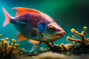 un' pesce con luminosa rosso occhi e un' blu corpo. ai-generato foto