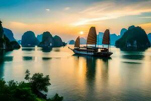 halong baia, Vietnam, tramonto, barca, tramonto, Vietnam, hal. ai-generato foto