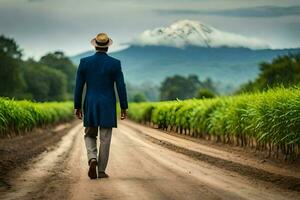 un' uomo nel un' blu completo da uomo e cappello passeggiate giù un' sporco strada. ai-generato foto