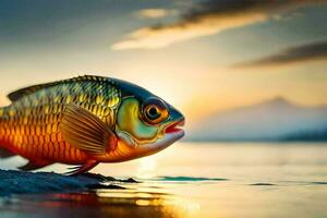 un' pesce è in piedi su il riva a tramonto. ai-generato foto