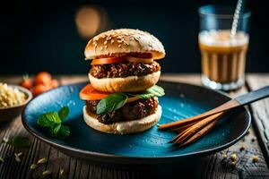 un' piatto con un' hamburger e un' bicchiere di latte. ai-generato foto