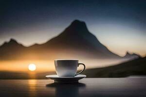 un' tazza di caffè su un' tavolo nel davanti di montagne. ai-generato foto