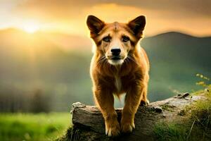 un' cane in piedi su un' log nel il mezzo di un' campo. ai-generato foto