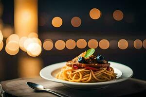 spaghetti con carne e mirtilli su un' piatto. ai-generato foto