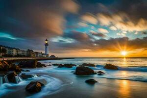 un' faro è visto nel il tramonto al di sopra di il oceano. ai-generato foto