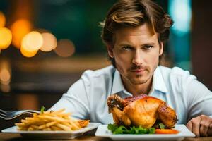 un' uomo è seduta a un' tavolo con un' pollo e patatine fritte. ai-generato foto