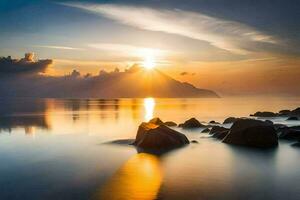 il sole sorge al di sopra di il acqua e rocce. ai-generato foto