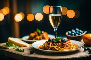 spaghetti con mirtilli e un' bicchiere di vino. ai-generato foto