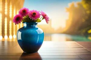 un' blu vaso con rosa fiori seduta su un' di legno tavolo. ai-generato foto