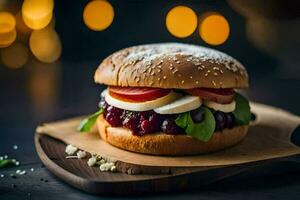 un' Hamburger con formaggio, pomodori e basilico. ai-generato foto