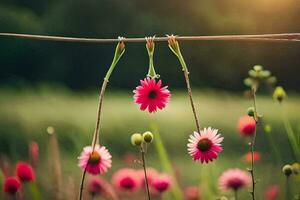 rosa fiori sospeso a partire dal un' filo nel un' campo. ai-generato foto