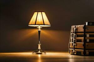 un' lampada e Due valigie su un' di legno tavolo. ai-generato foto