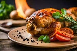 arrostito pollo su un' piatto con pomodori e erbe aromatiche. ai-generato foto