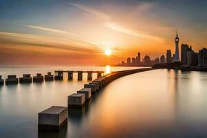 il sole imposta al di sopra di il città orizzonte nel toronto. ai-generato foto