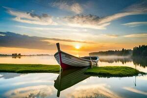 un' barca su il lago a tramonto. ai-generato foto