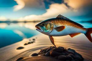 un' pesce è in piedi su il spiaggia con acqua nel il sfondo. ai-generato foto