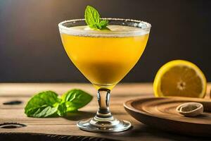 un' cocktail con Limone e menta su un' di legno tavolo. ai-generato foto