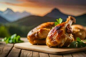 pollo Ali su un' di legno tavola con montagne nel il sfondo. ai-generato foto