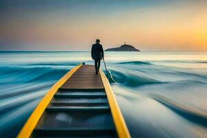 un' uomo passeggiate su un' di legno molo nel il oceano. ai-generato foto