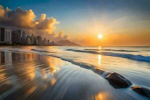 il sole sorge al di sopra di il città orizzonte nel rio de janeiro, rio de j. ai-generato foto